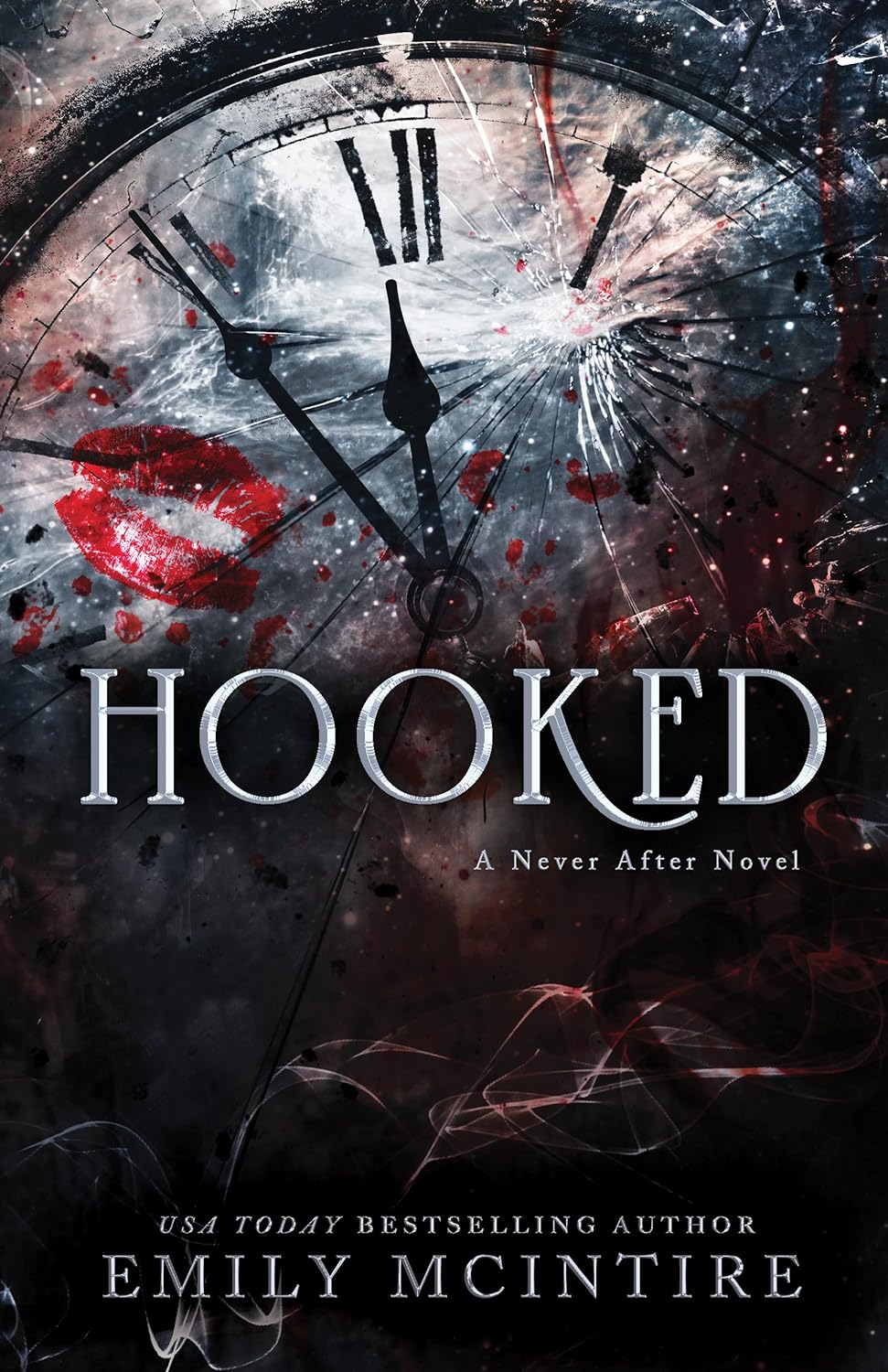 Cover for Hooked by Emily McIntire features a black cover with while letters and a clock in the upper background