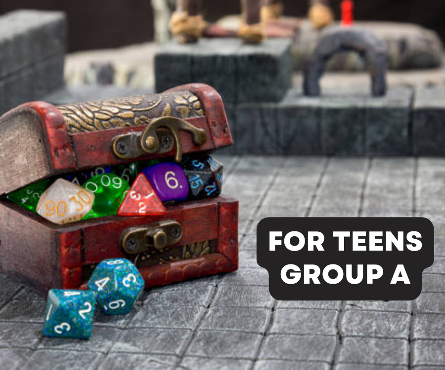 Miniature treasure chest full of Dungeons and Dragons Dice with the words "For Teens Group A" at the bottom right.