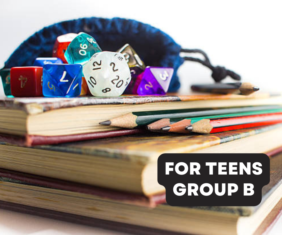 A small stack of books with Dungeons and Dragons dice on top and the words "For Teens Group B" at the bottom right.