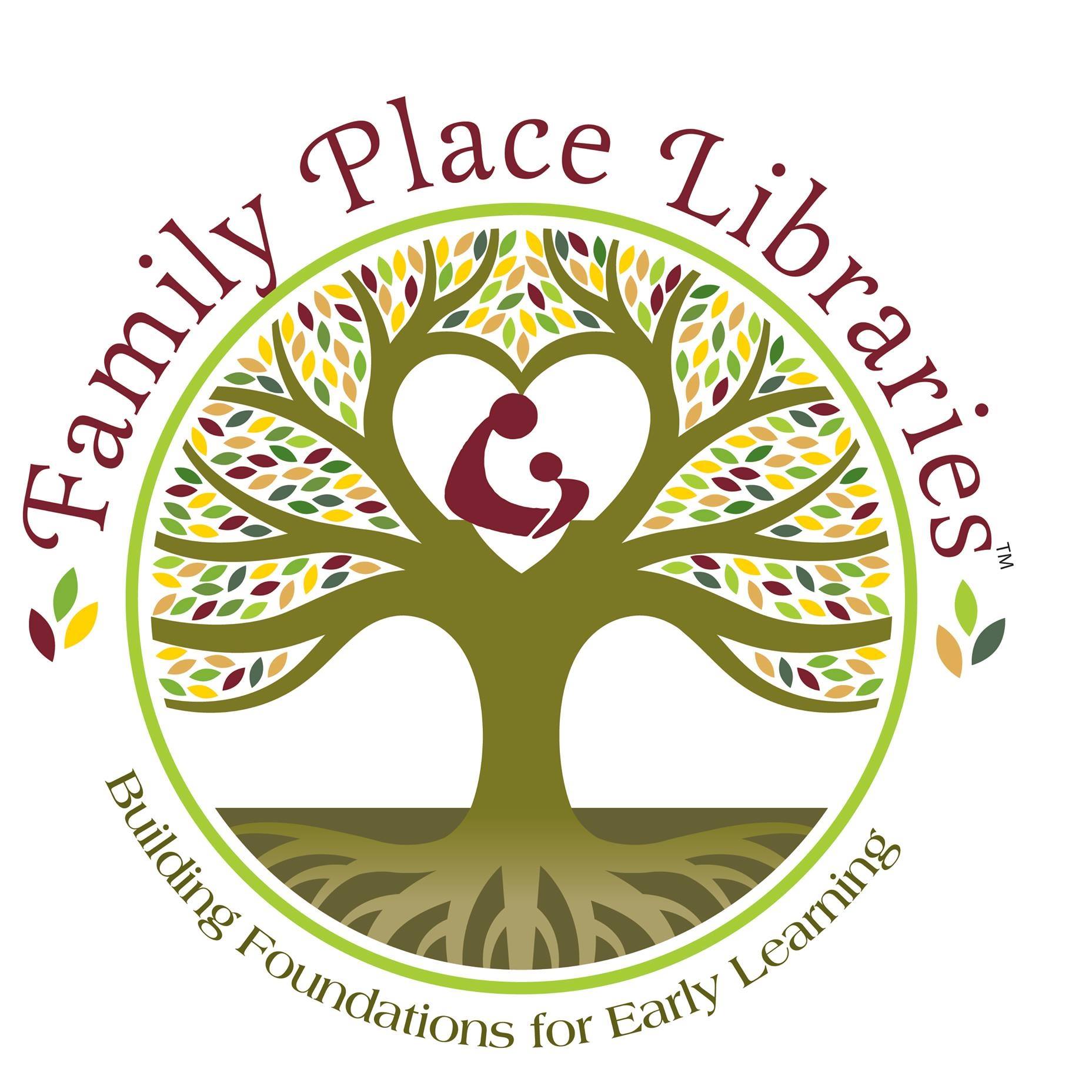 Family Place Libraries logo of a green tree with a symbol of a mother and child in a heart in the center.