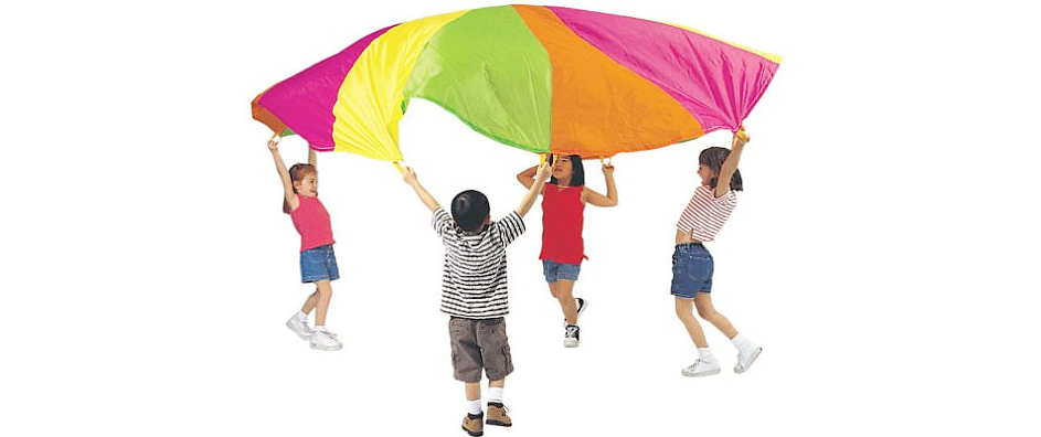 Children holding colorful parachute above their heads.