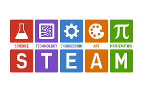 Eight colorful blocks with STEAM letter below icons representing science, technology, engineering, art, and math.