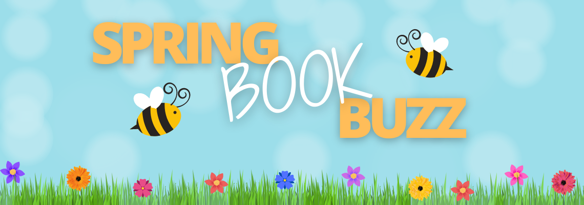 Spring Book Buzz, bees and flowers against a blue sky