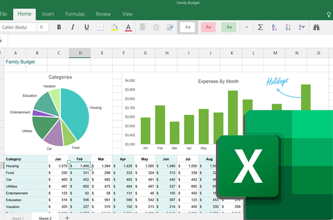 Collage of examples of Excel charts with logo on front bottom right.