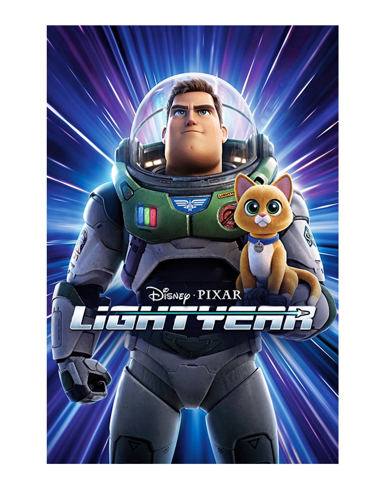 Buzz Lightyear holding a cat surrounded by lazar lights with "Lightyear" spelled out in front of him.