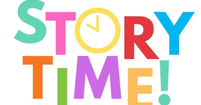 Colorful "Story Time" text with a clock as the "O".