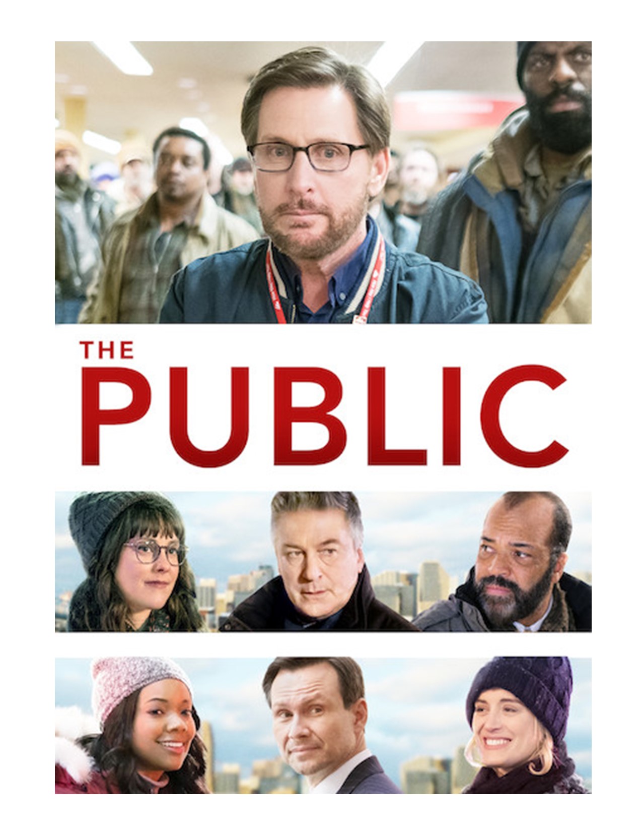 Movie poster with pictures of the characters and "The Public" written in read letters.