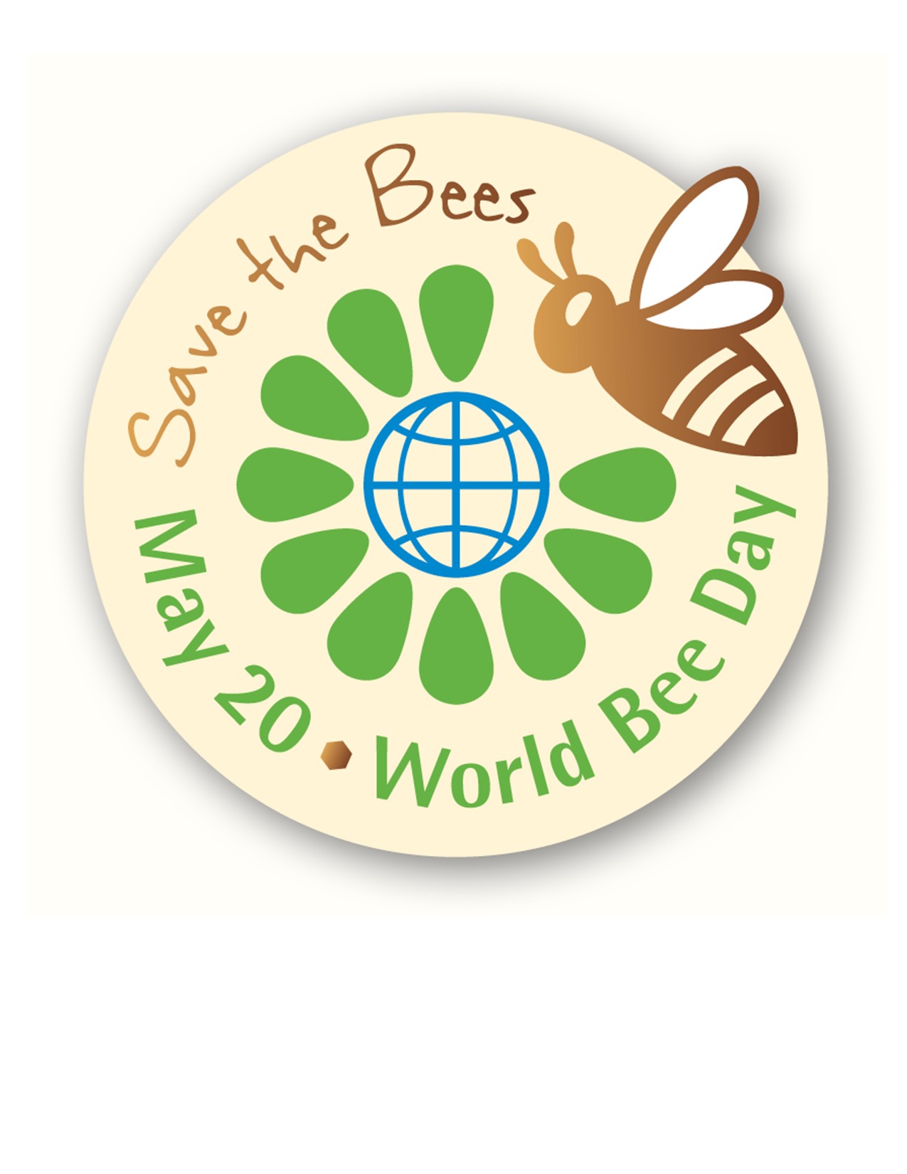 World Bee Day Logo with a graphic of the world as the center of a green flower with a bee hoovering nearby and the text surrounding it in a circle.