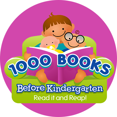 1000 Books Before Kindergarten logo with illustration of parent reading to children.