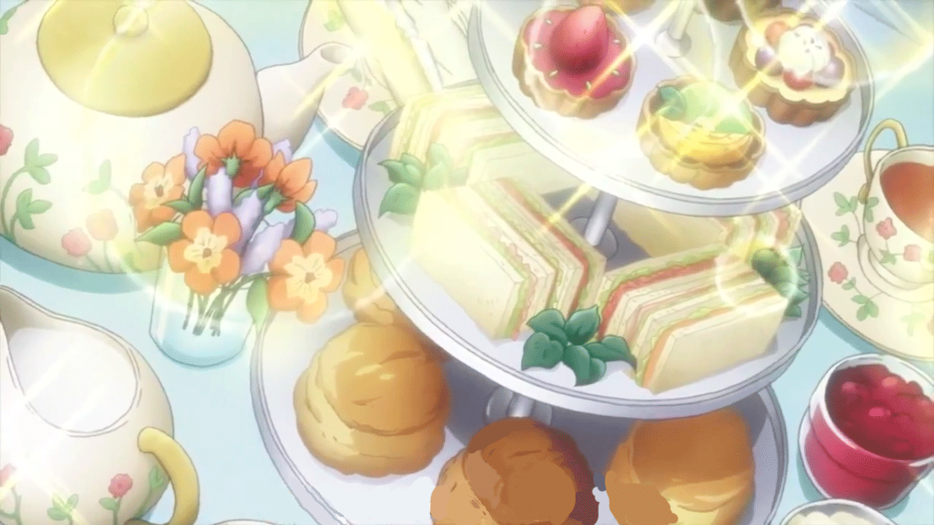 Anime style illustration of tea party goodies.
