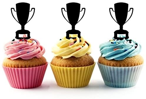 Three cupcakes with trophy silhouettes on top.