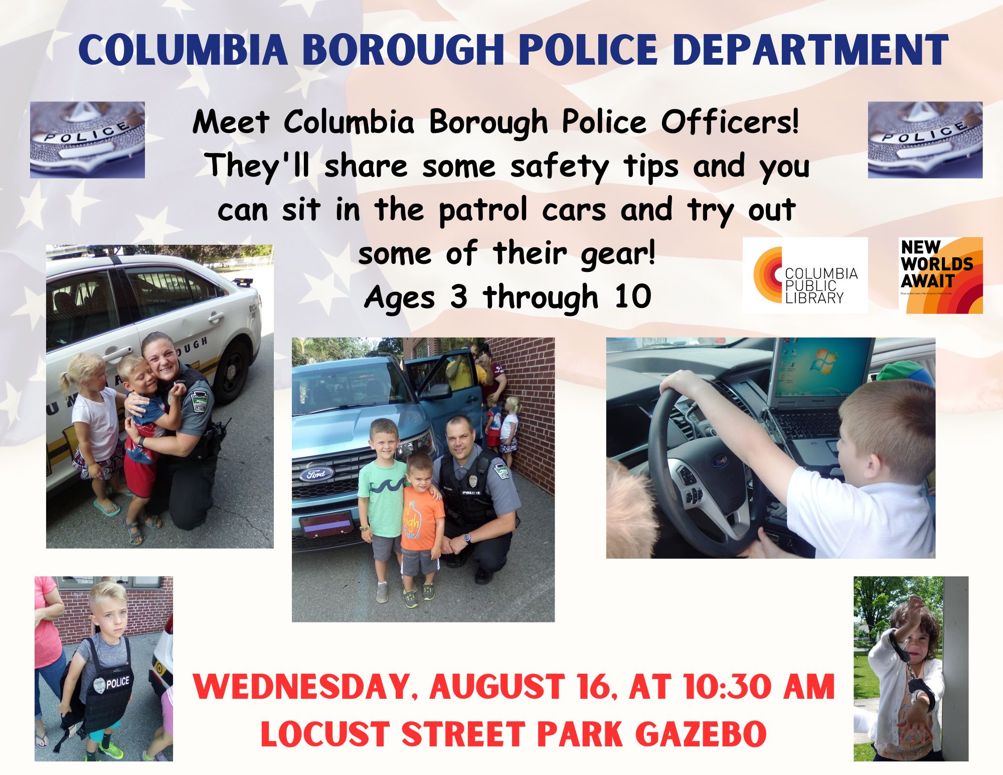 Flyer for Summer Reading Program with the Police Department. Pictures reflect children checking out the cars and listening to stories. 