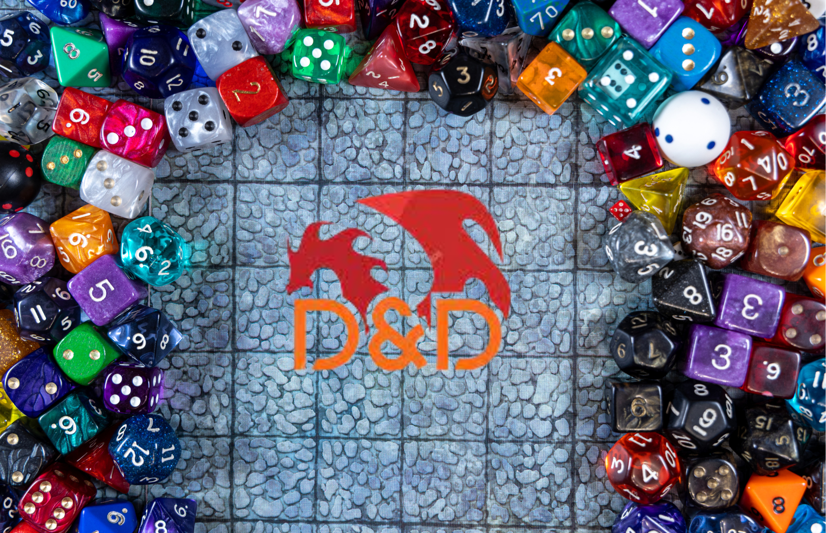 "D&D" with red dragon silhouette surrounded by dice.