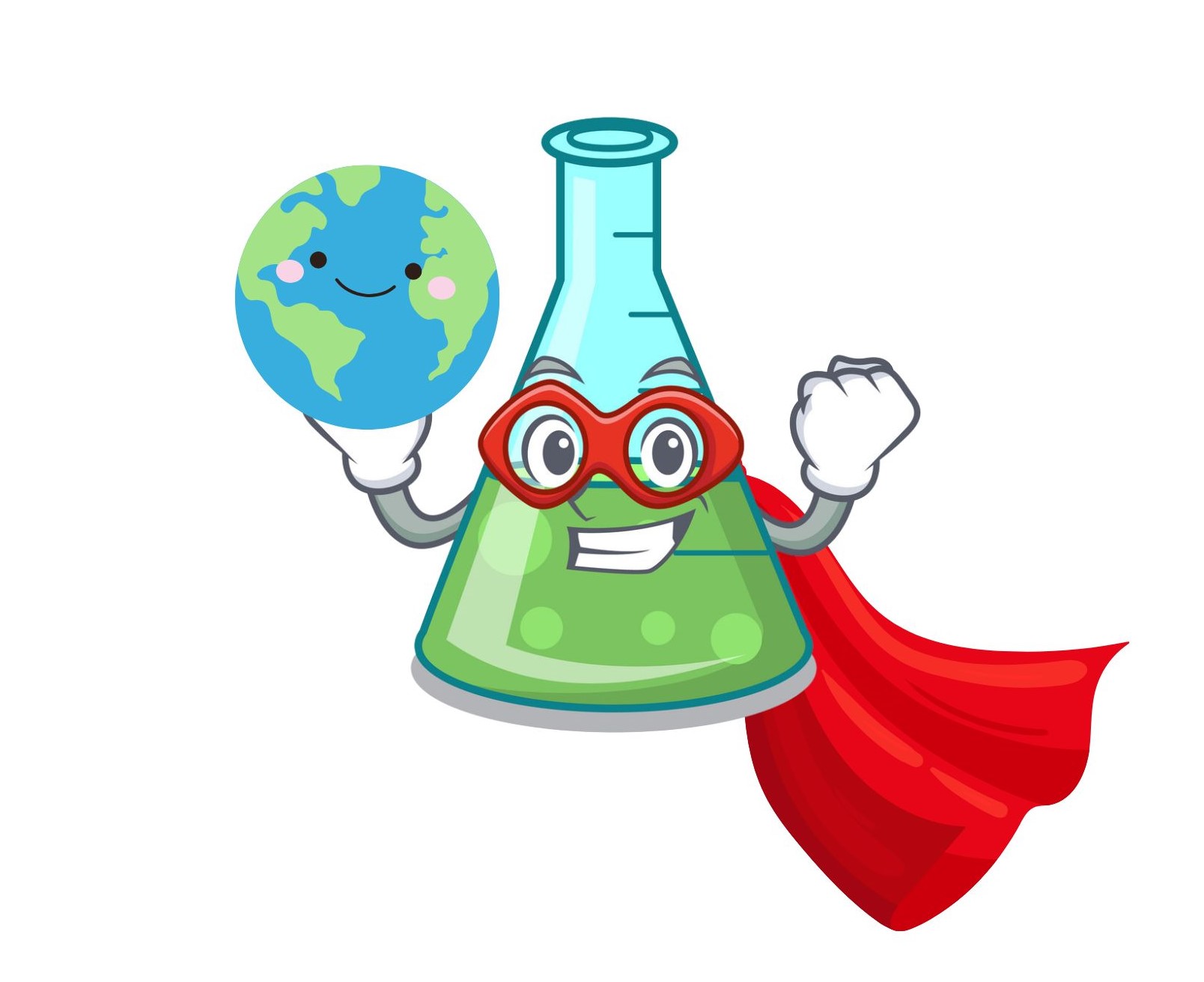 Cartoon beaker with glasses and a cape holding the Earth.