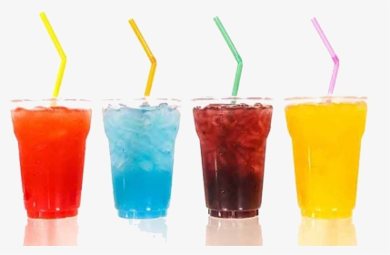 Different colored sodas in glasses with straws.