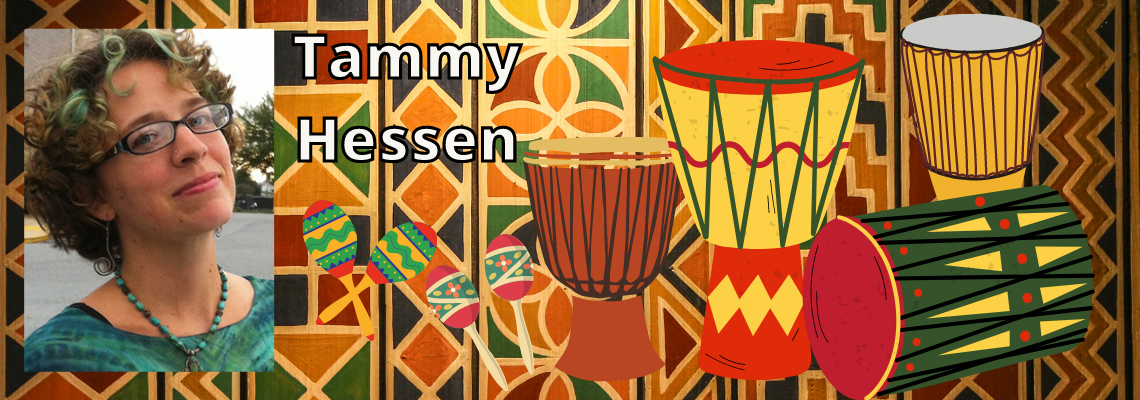 Woman, colorful background with a few drawings of African Drums