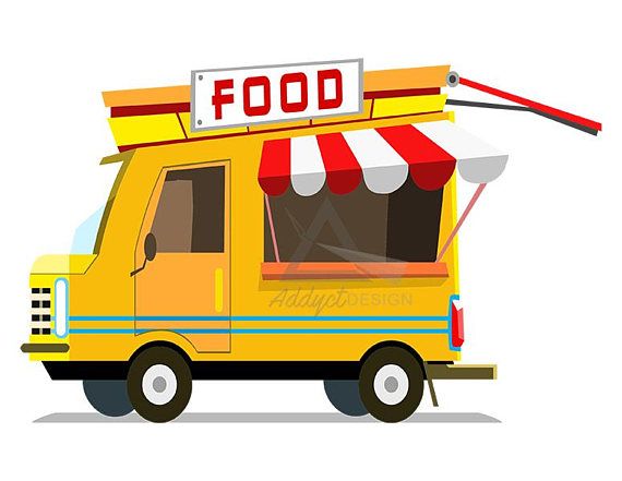 Yellow truck with red & white awning, the word "Food" in red letters on top of the truck