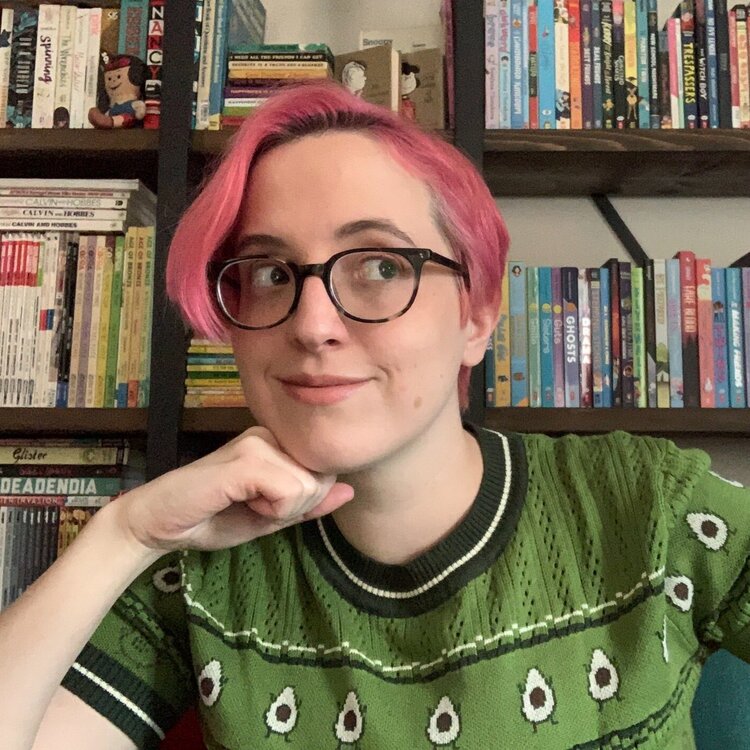 girl with glasses, pink hair, green shirt