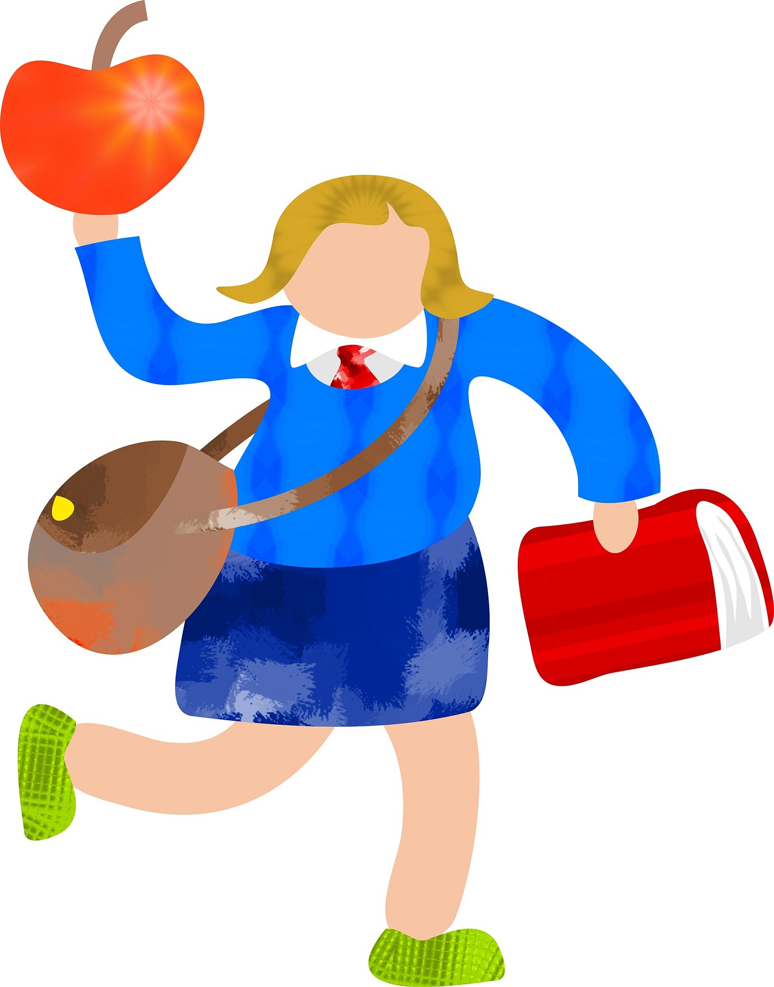 drawing of a child with blond hair in school uniform holding a red apple and a red book