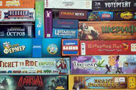 Stacks of board games.