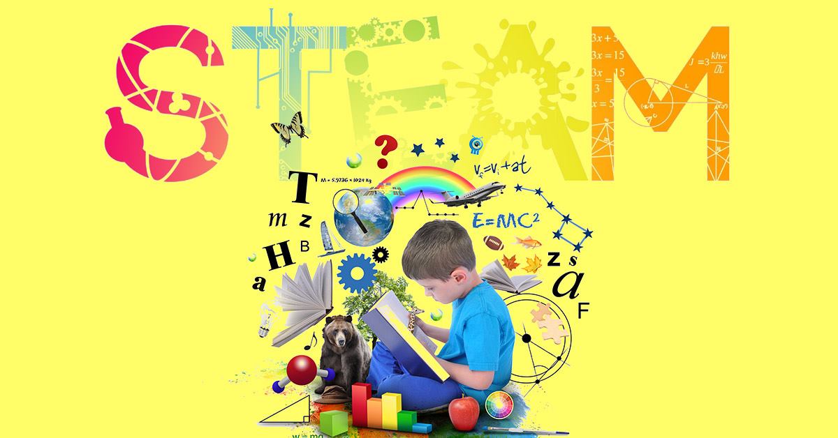 Child reading a book with science and math symbols surrounding him. The word "STEAM" is written above in colorful letters.