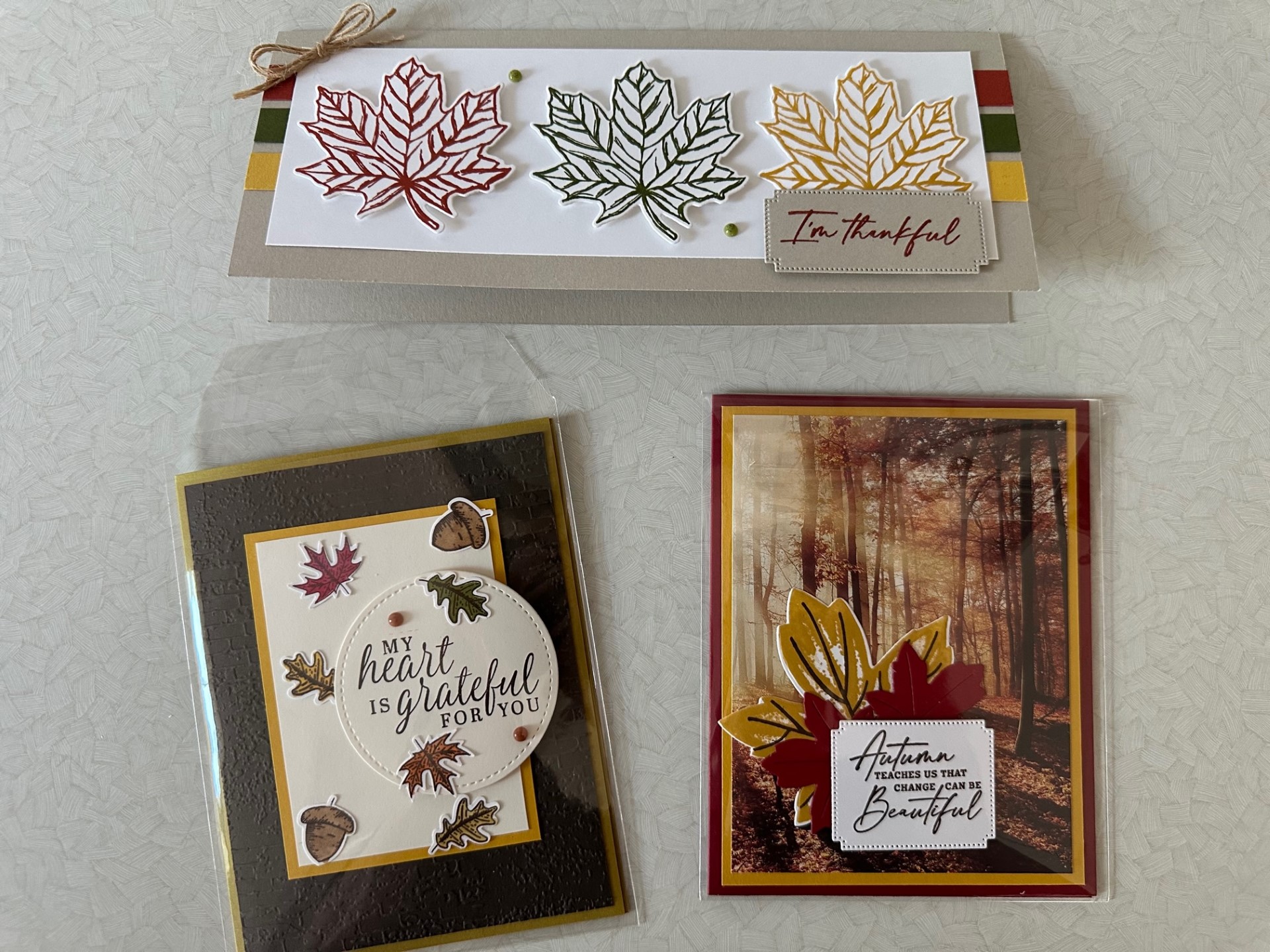 Photos of fall cards for upcoming Crafty Cards Class