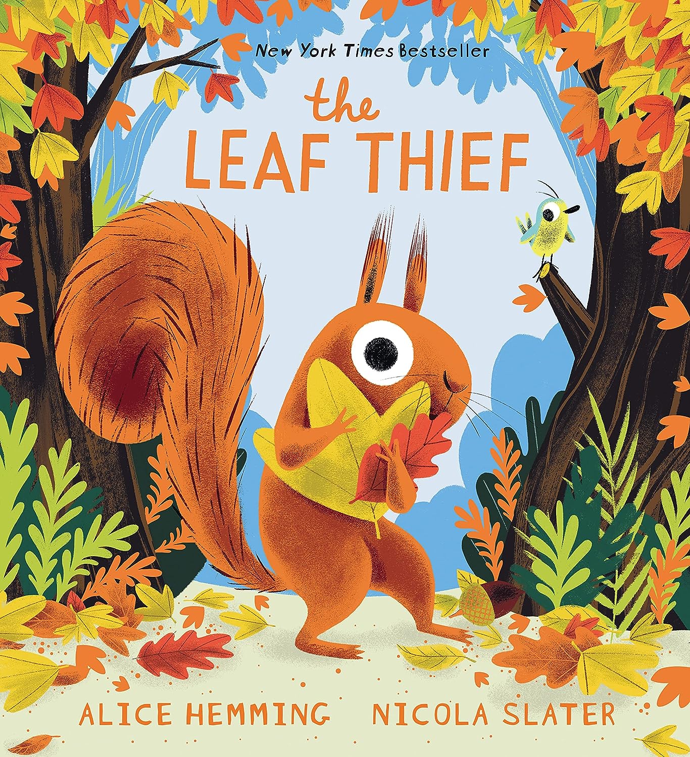 Cover of the Leaf Thief book has an orange squirrel on the cover holding a yellow leaf