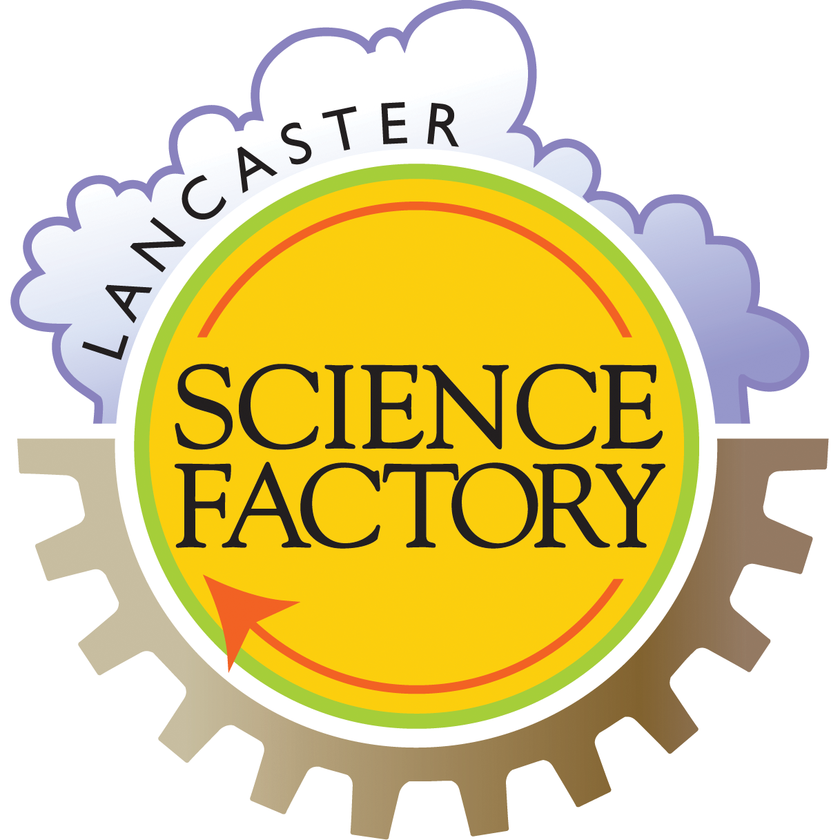 Lancaster science Factory image is a yellow circle with gears at the bottom.