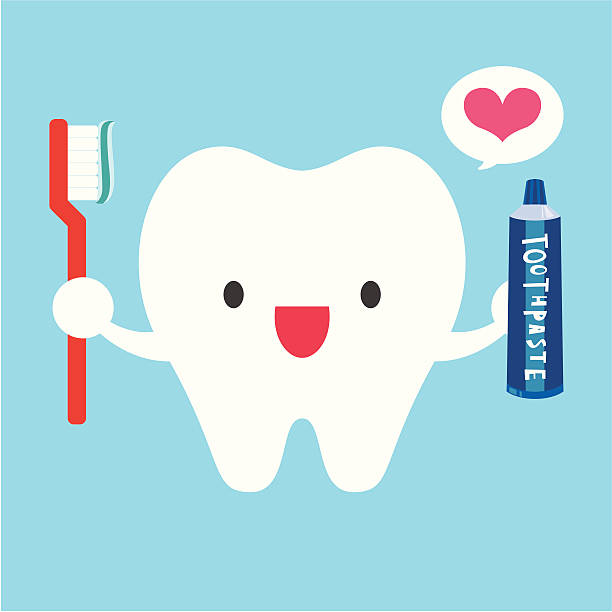 White tooth holding a blue tube of toothpaste and a toothbrush with a red handle