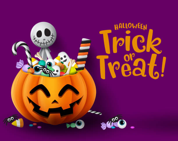 Photo has a purple background with orange lettering, a white skeleton is sitting in the orange pumpkin filled with candy. 