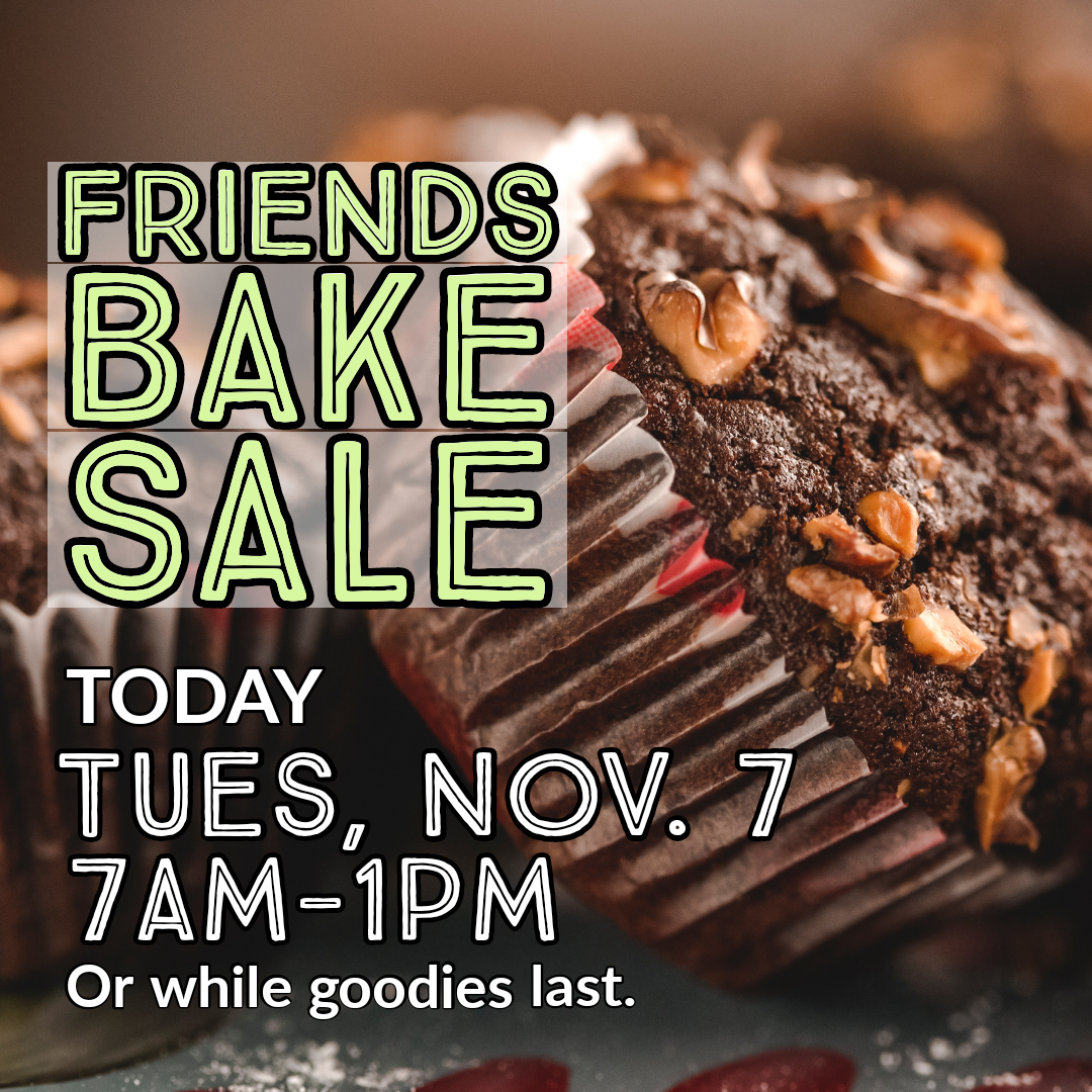 chocolate cupcake in background of ad for bake sale