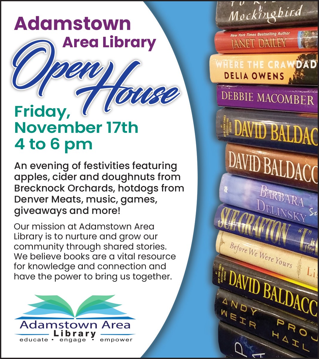 Adamstown Area Library Open House advertisement with event description, logo, and stack of books
