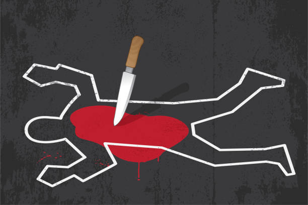 Outline of victim with knife and blood.
