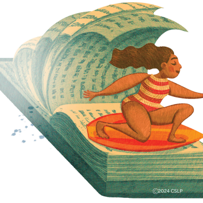 CSLP woman surfing on a book