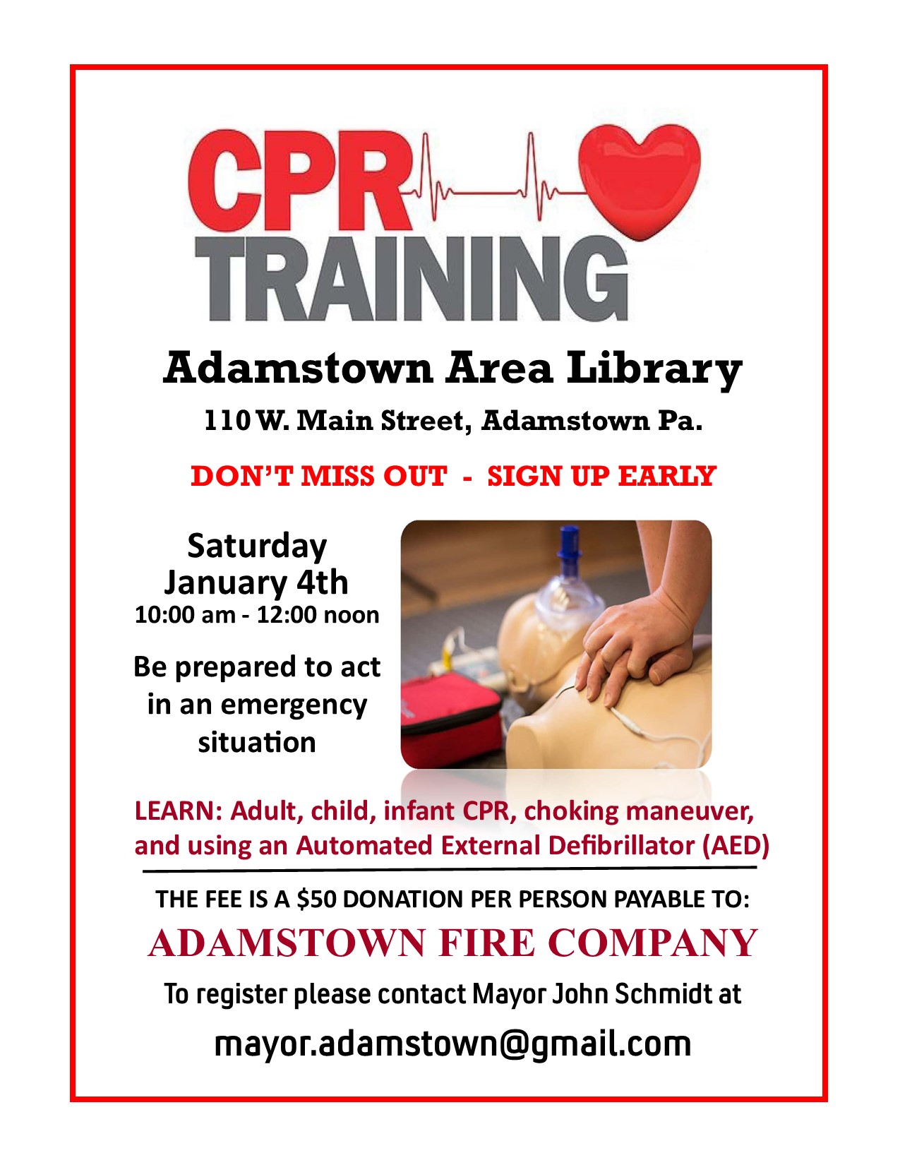 CPR Training to benefit Adamstown Fire Company