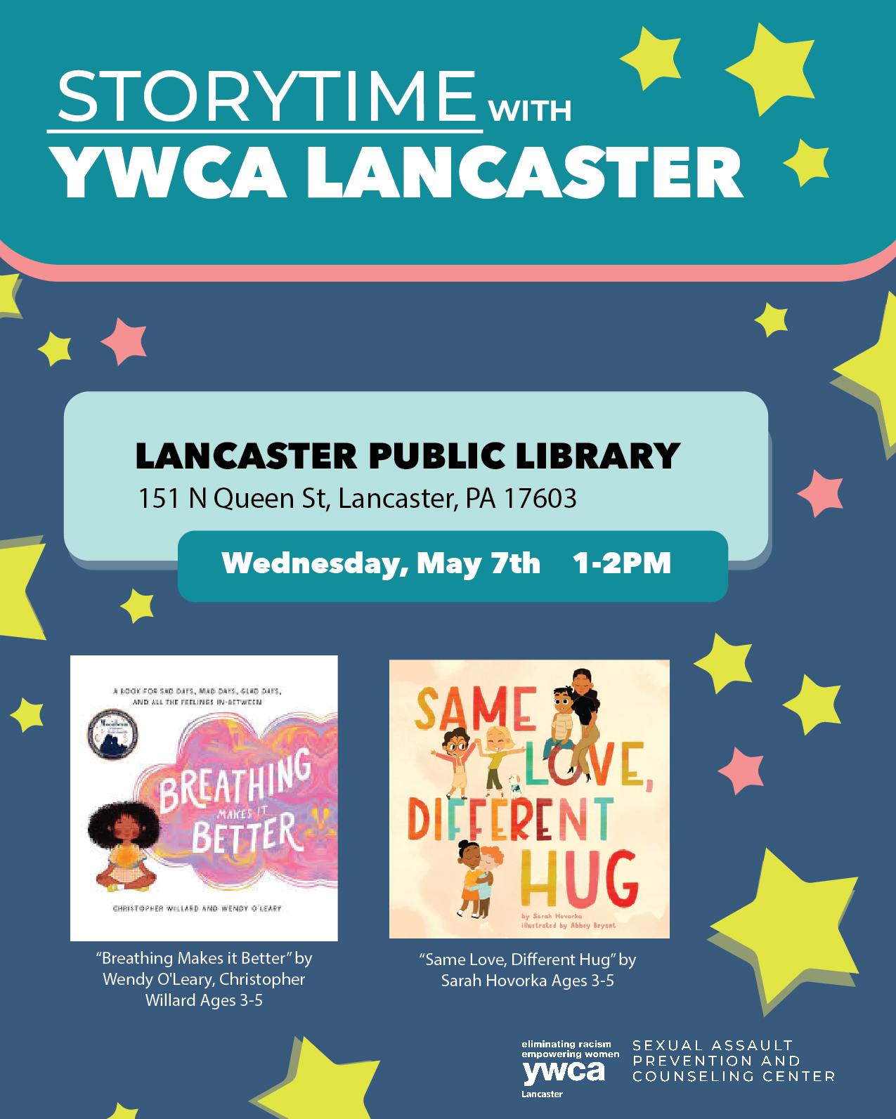 yellow stars on blue background text that reads Storytime with YWCA Lancaster