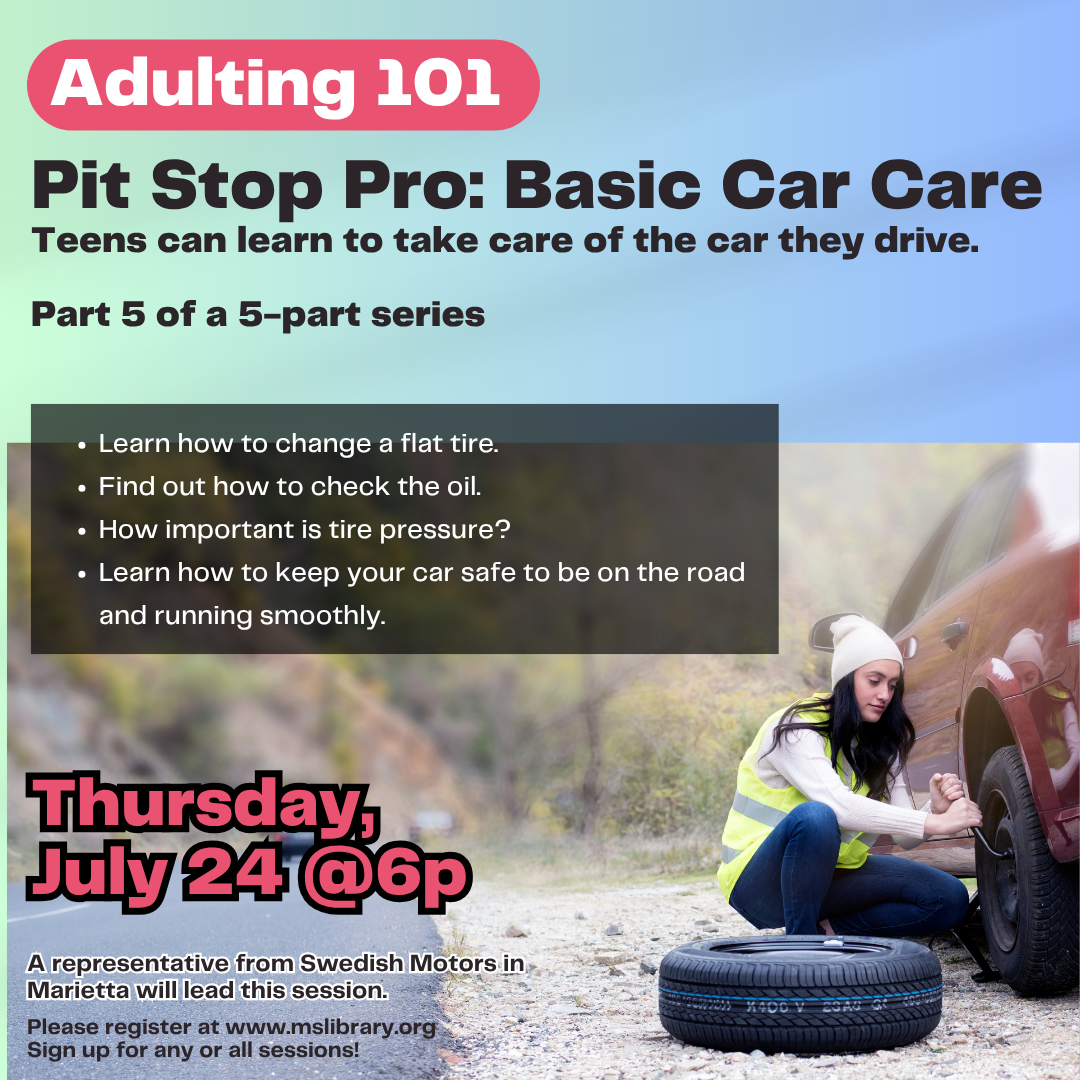 teenage girl fixing flat tire along road with program description