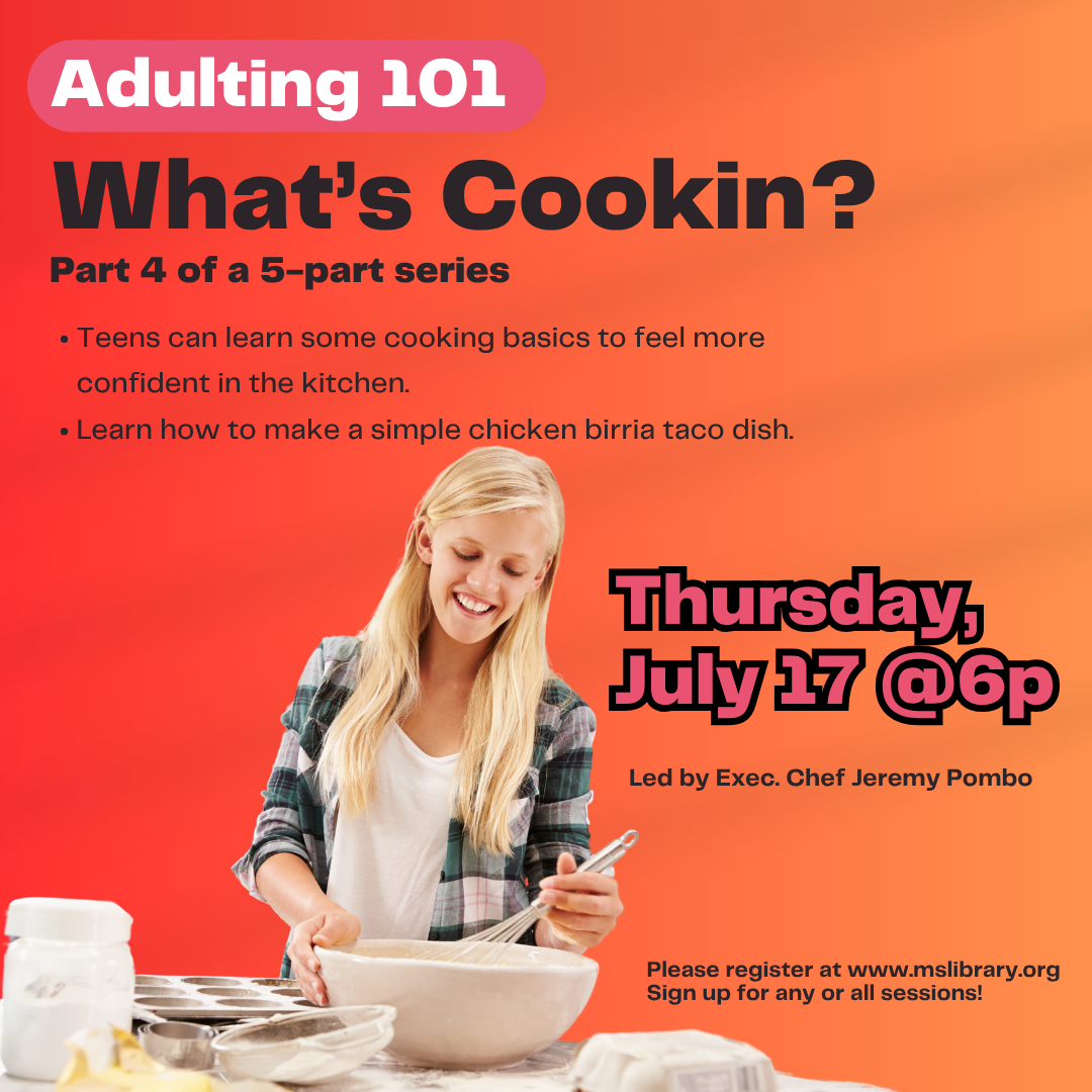 teenage girl stirring something in a kitchen bowl with program details