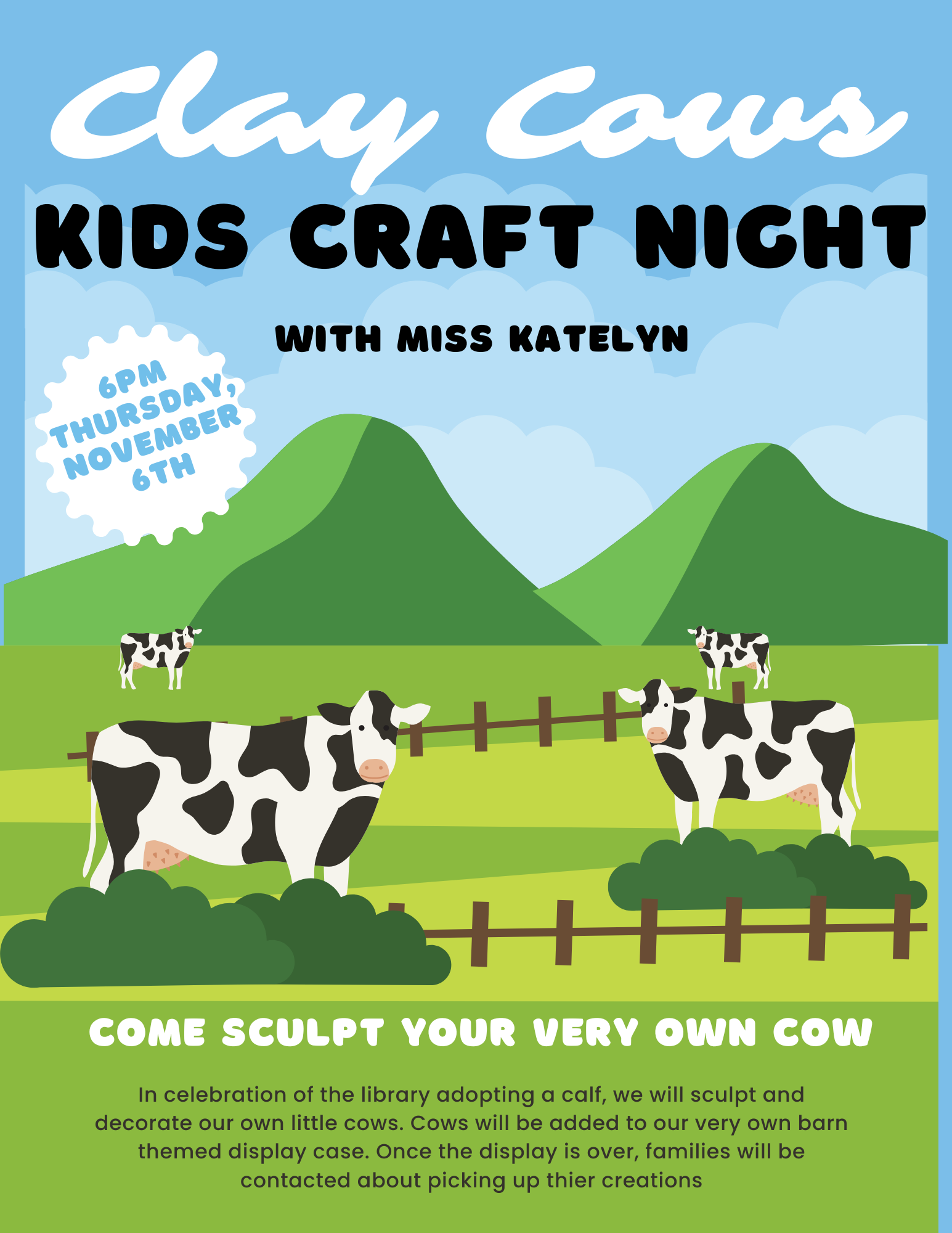 craft night poster; a couple cow graphics and program info