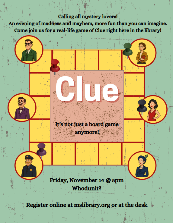 Poster with Clue Game board and program details
