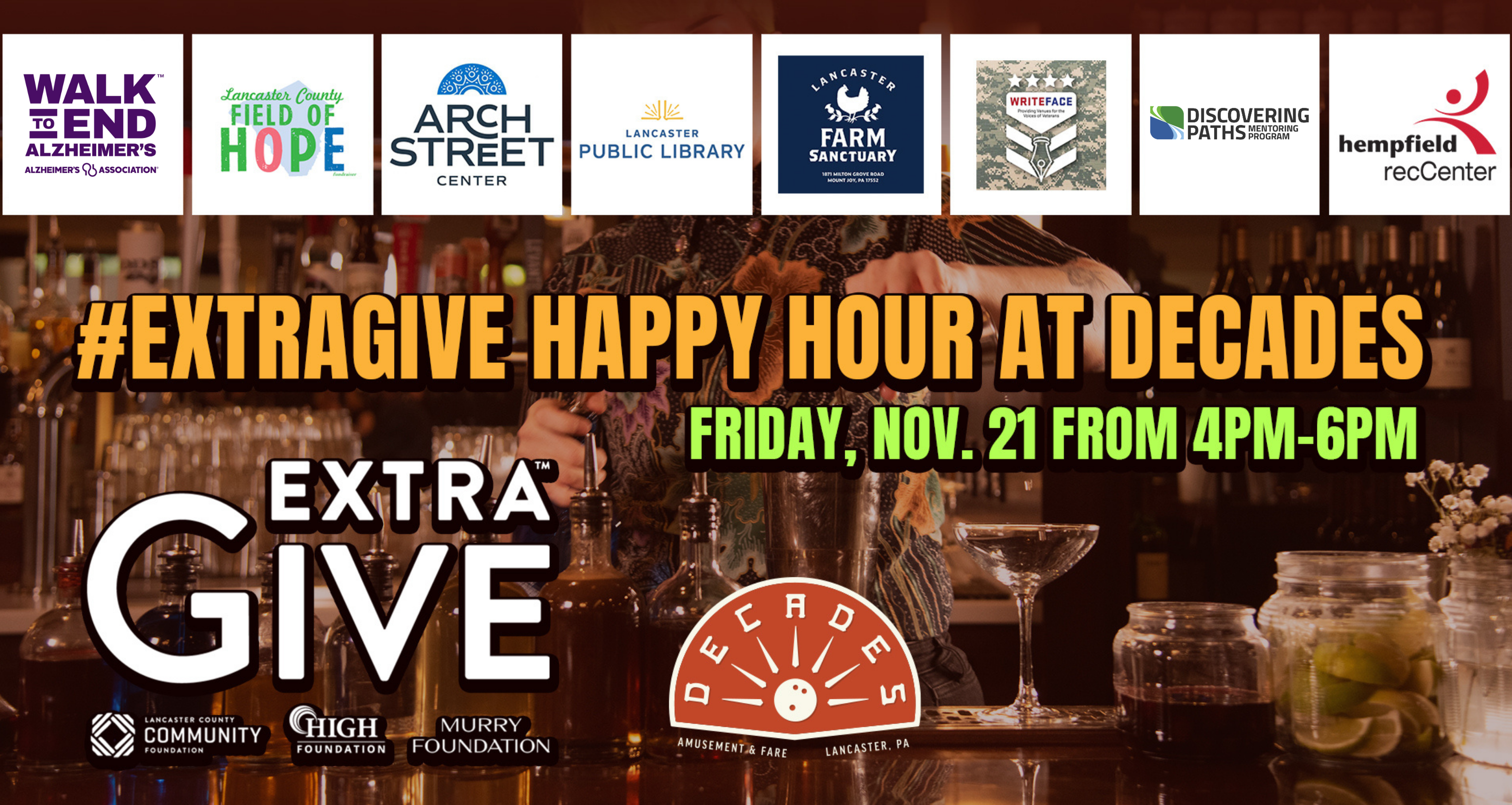 Picture of bar with drinks on it with logos of eight participating non-profits