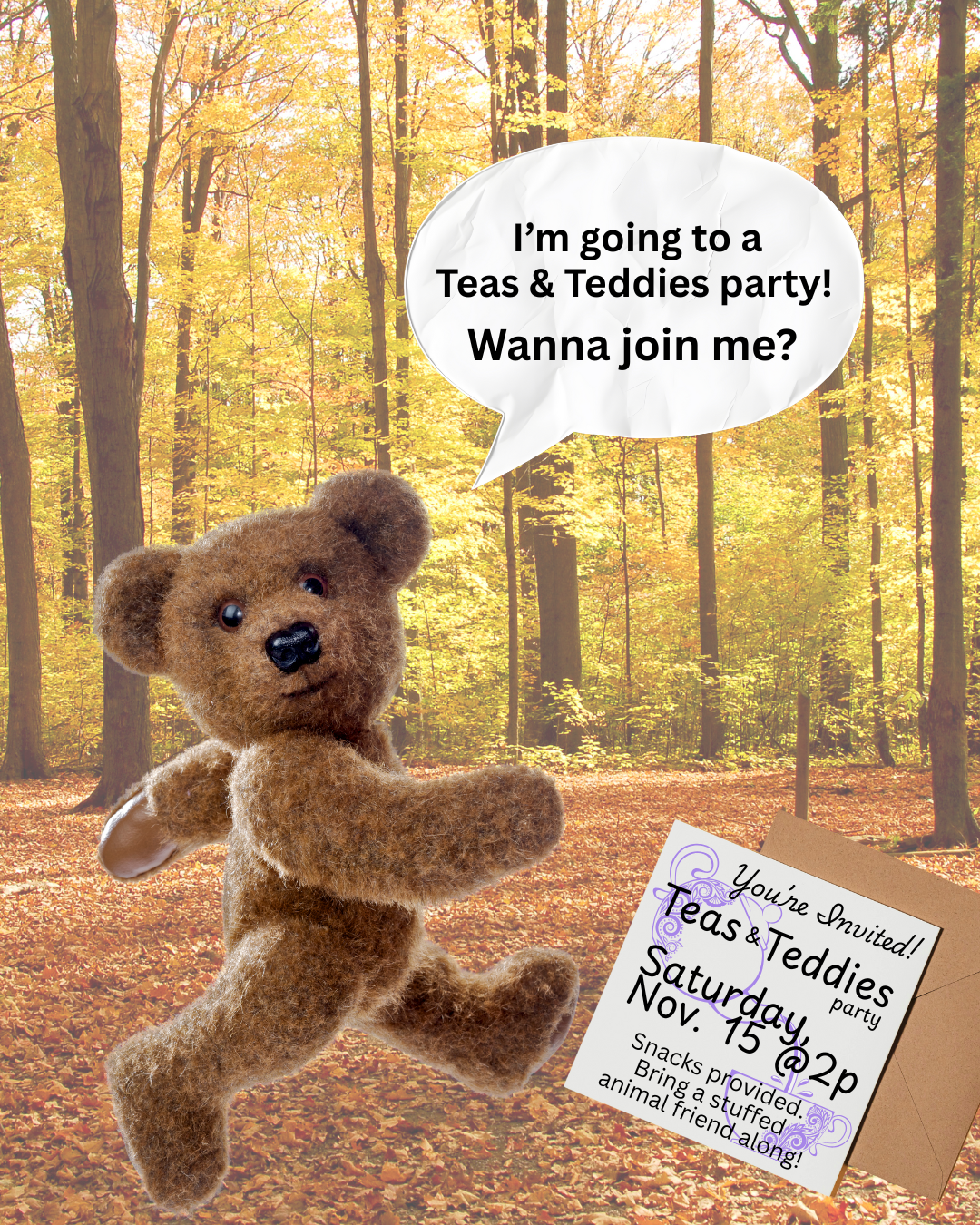 Teddy bear running to a tea party