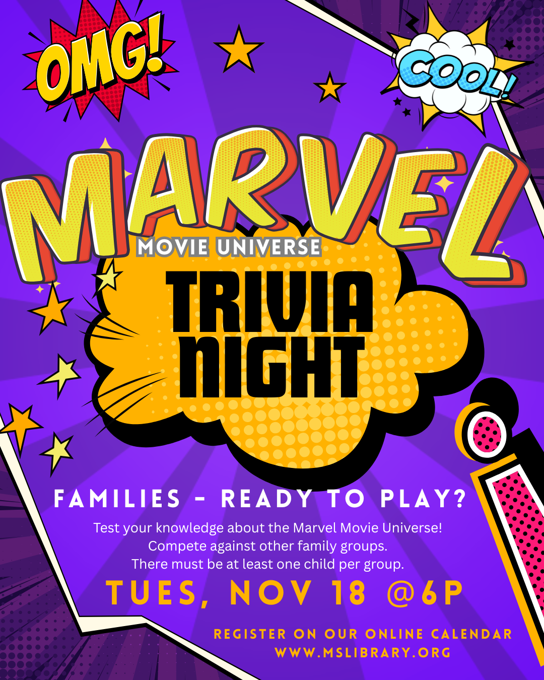 brightly colored poster advertising marvel trivia