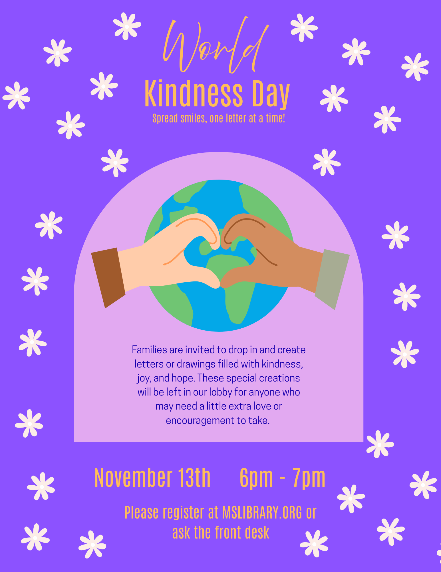 purple poster, 2 hands making heart with program details