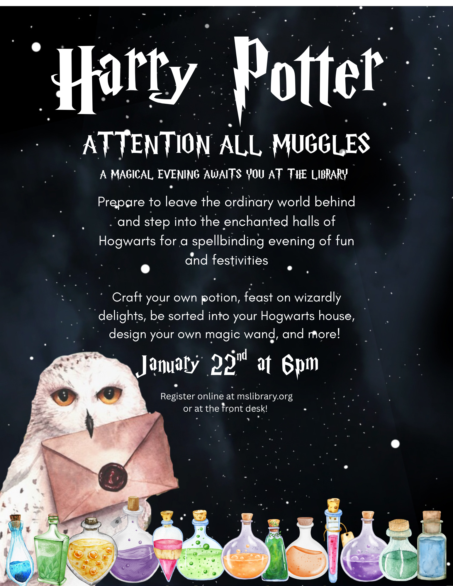 Owl holding letter in beak and program details