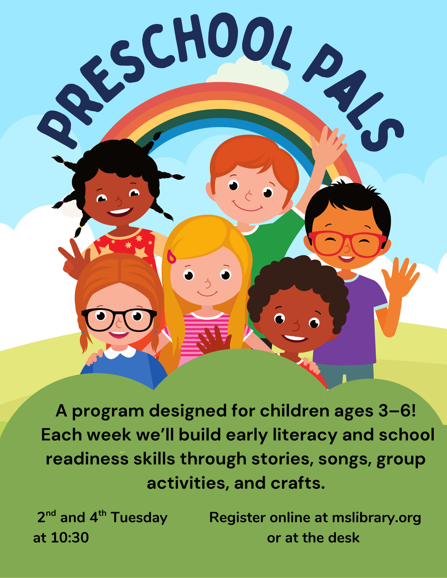 Graphic of children under a rainbow with program details