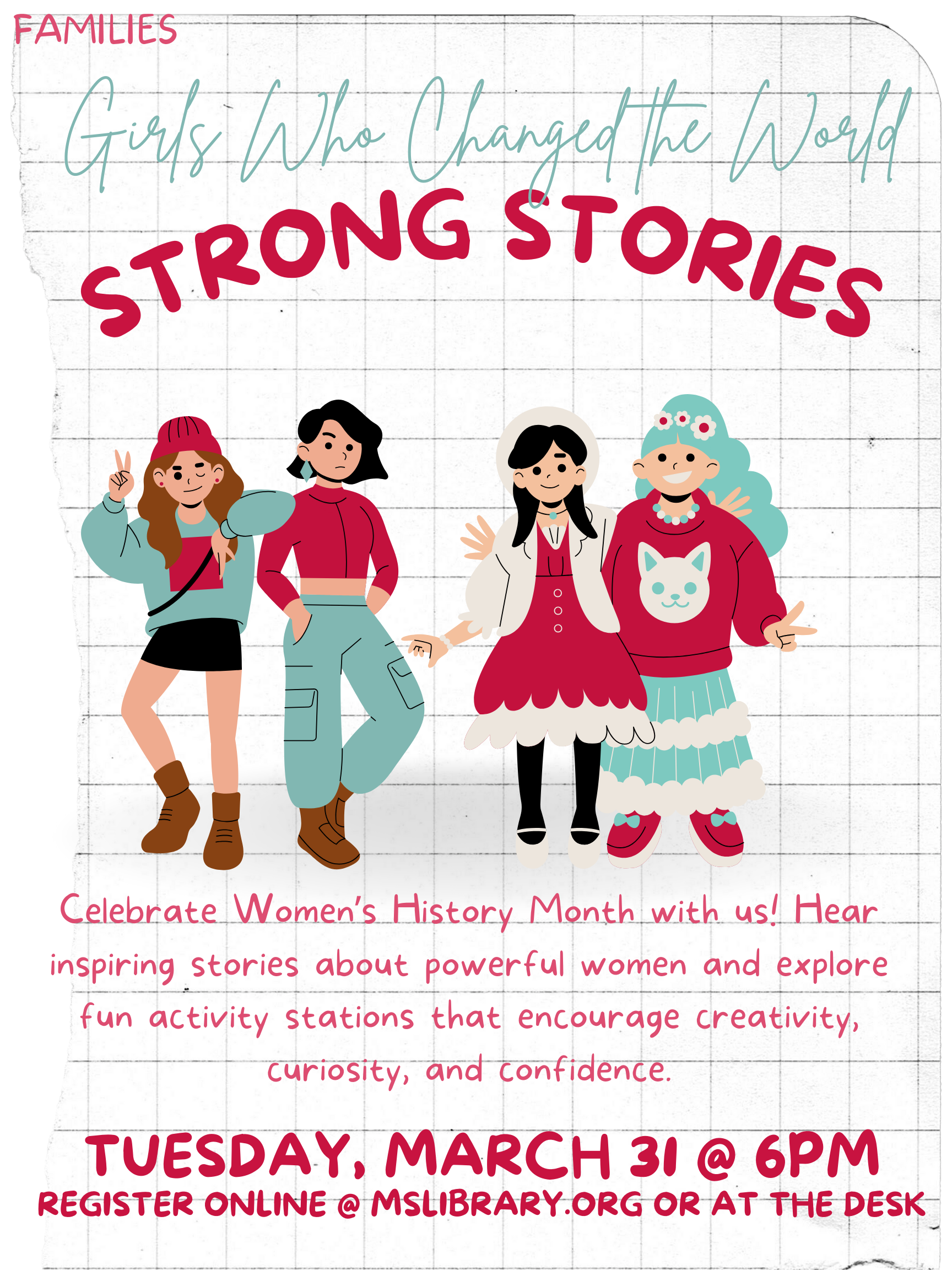 Poster promoting Strong Stories, including text about inspiring stories and fun activity stations.