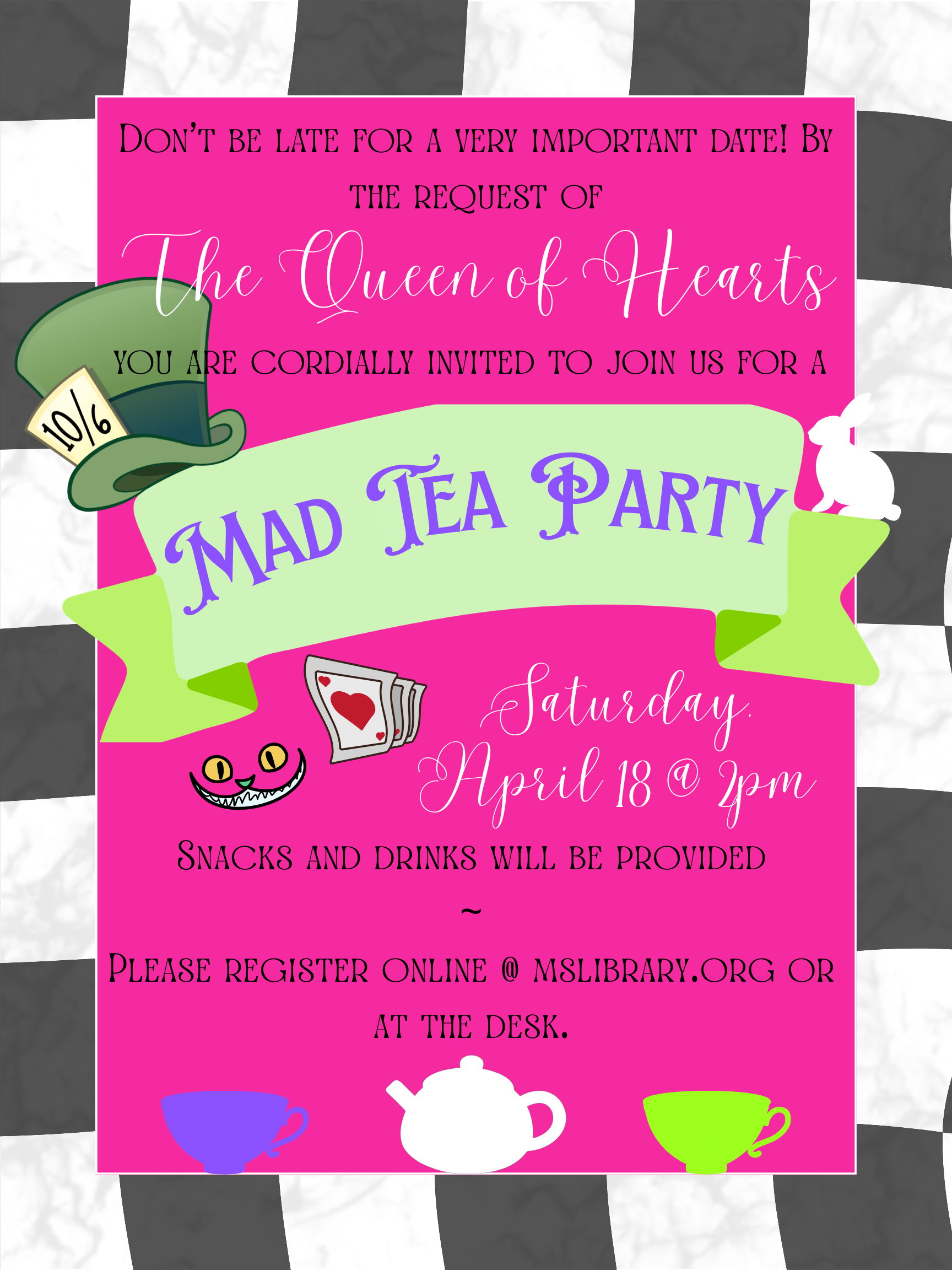 Colorful poster promoting Alice in Wonderland-inspired Mad Tea Party.