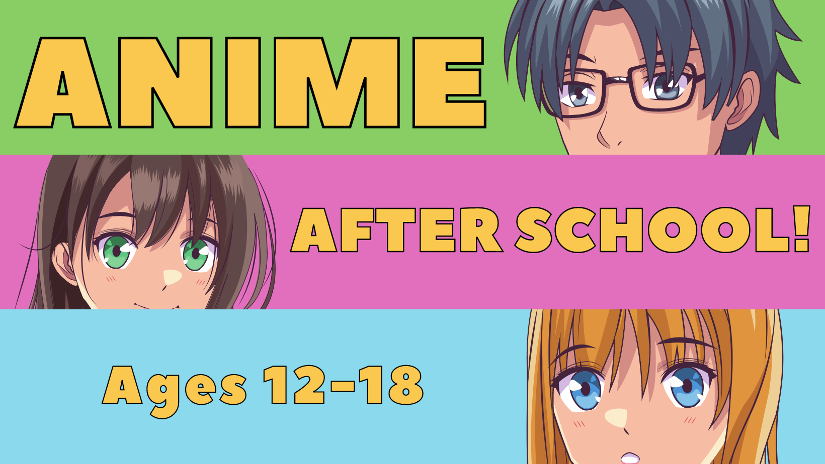 the words anime after school on a green, pink, and blue background