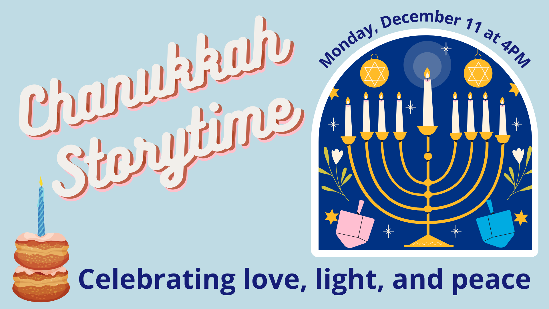 Chanukkah Storytime on the left with a menorah on the right